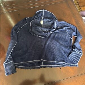 We The Free Navy Boue Textured Cowl Neck Top